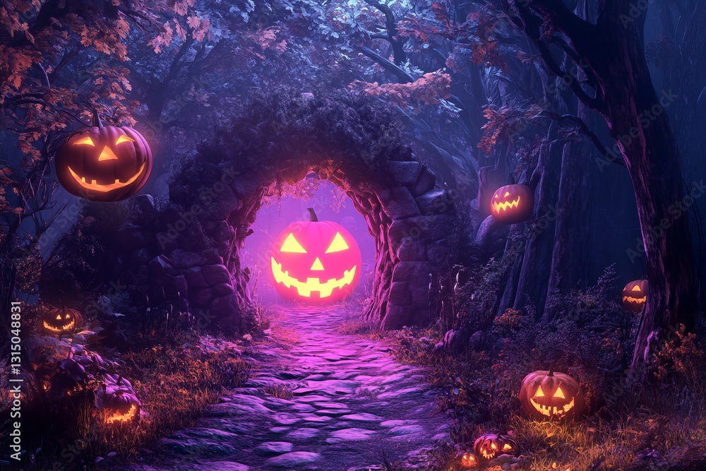 Poster an enchanting forest pathway illuminated by glowing jack-o'-lanterns, creating a mystical atmosphere