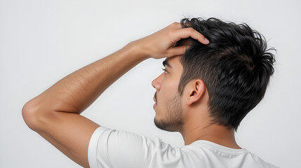 Fototapeta premium Young hispanic man isolated on white background touching back of head, thinking and making a choice.