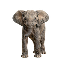 Adorable baby elephant with wrinkled skin flapping ears and playful trunk captured in a charming pose on a white backdrop