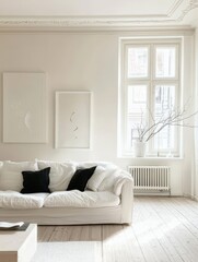 A minimalist and simple living room interior is shown
