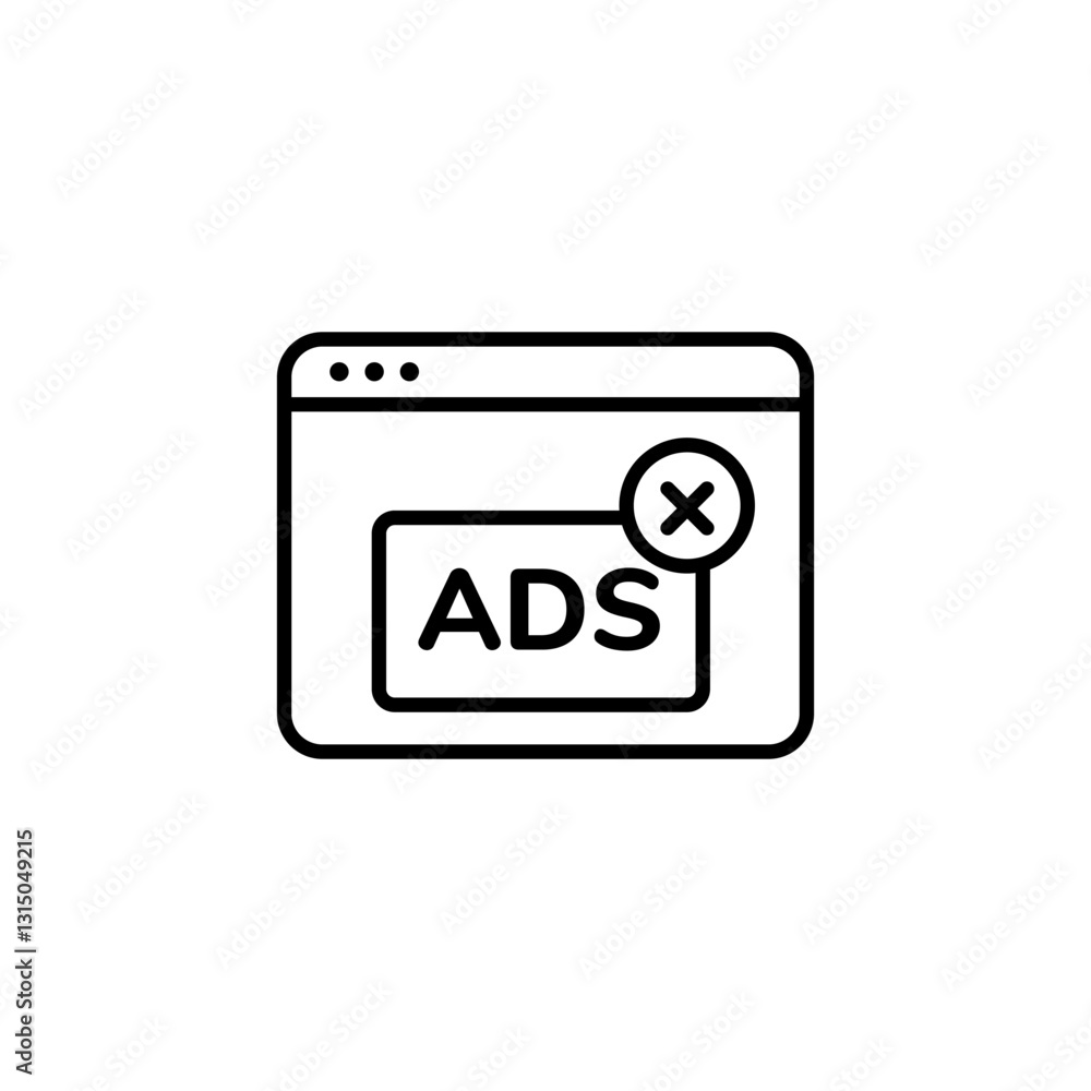 Poster simple black line icon of a browser window with the word ads inside a crossed circle symbol.