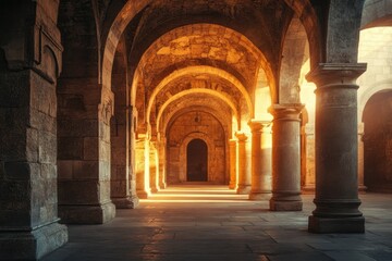 Fototapeta premium Majestic stone arches and columns bathed in warm sunlight create a timeless architectural masterpiece evoking history and grandeur in a captivating interior scene