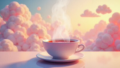 Dreamy tea cup floating in pastel clouds, surreal tranquility