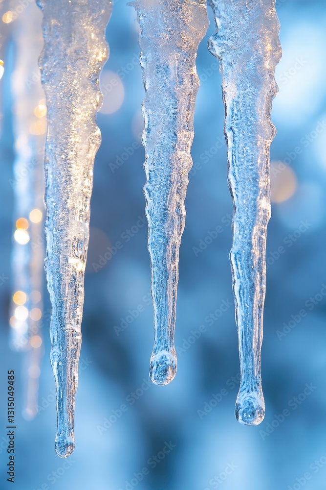 Poster sparkling icicles hanging against a soft blue bokeh background capturing the essence of winter with 