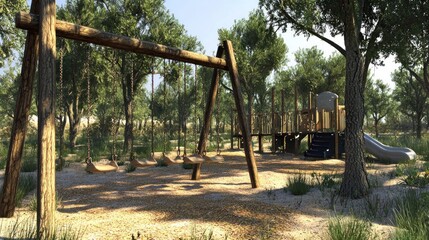 Sunny wooden playground swings in a park