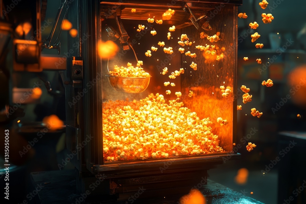 Poster a popcorn machine is filled with popcorn and is being filled with more. the popcorn is orange and th