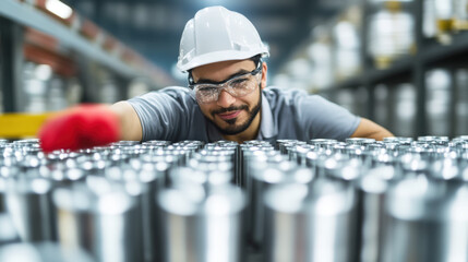 Can factory, A worker inspecting cans for defects in a production environment, high fidelity image.