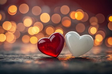 Sweet wedding romantic night, anniversary or valentine's day concept, happy mini pink and red heart shape with dark background and beautiful light bokeh.