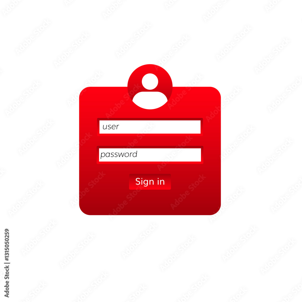 Poster red login form featuring a user icon, fields for username and password, and a bold sign-in button.