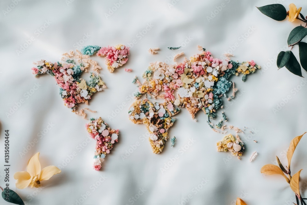 Poster world map made of colorful natural elements on soft background