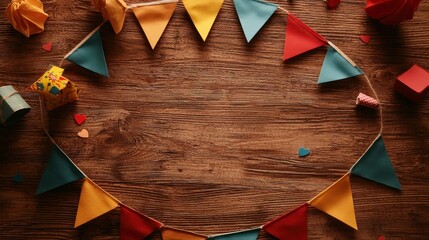 Colorful paper decorations circle on wooden table