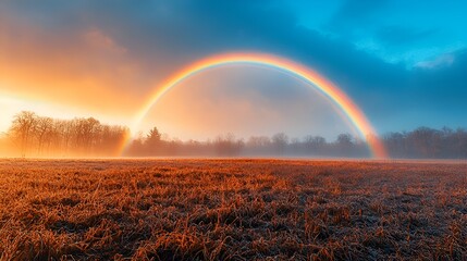 Obraz premium Sunrise Rainbow over Foggy Field