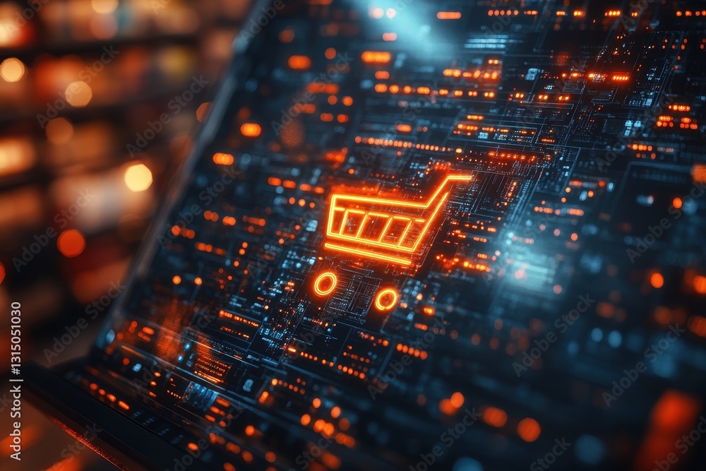 Poster digital shopping cart symbol on a high-tech background with glowing elements in a modern retail sett