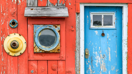 Rustic red building exterior with blue door, porthole, and nautical details; coastal scene
