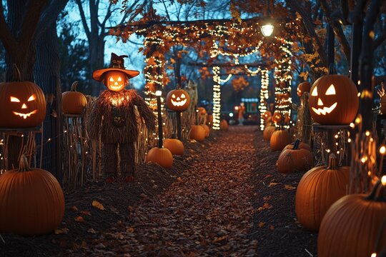 A beautifully illuminated Halloween pathway featuring carved pumpkins, festive lights, and a whimsical scarecrow. Perfect for autumn celebrations.