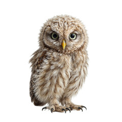 Fototapeta premium Adorable baby owl with large round eyes and fluffy feathers perched on a branch radiating wonder and curiosity