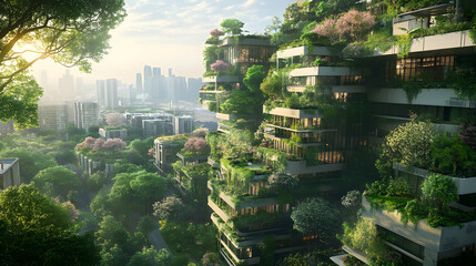 Obraz premium A future city where every street is lined with trees, public gardens, green rooftops, and vertical farming spaces, creating a balance between nature and technology.