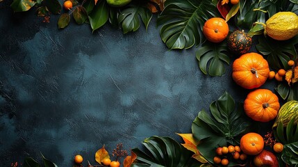 Tropical palm leaf overlay on a Halloween/Thanksgiving backdrop.