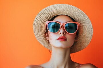 Fototapeta premium Beautiful woman with sunglasses and straw hat posing on orange background