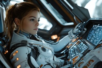 A young female pilot in a futuristic spacesuit operates a complex spaceship console, focused and determined.