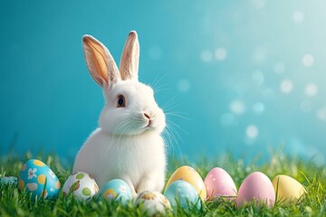 A fluffy white rabbit surrounded by pastel Easter eggs in a bright green grass setting, perfect for Easter promotions, spring themes, and joyful celebrations.