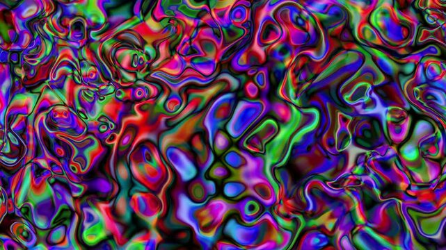 Transforming neon liquid hypnotic trippy background. Psychedelic wave deformation animated abstract curved shapes colorful holographic rainbow swirl animation. Looping footage hippie tie dye design