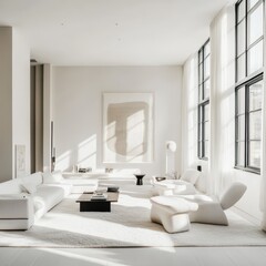 The all white contemporary living room has many elements