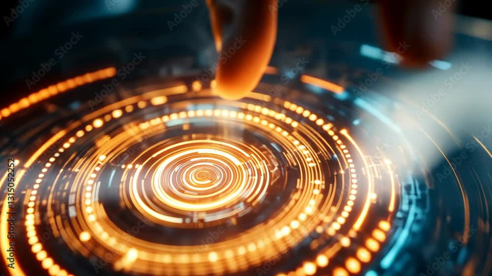 Poster touching a glowing circular interface with intricate patterns and vibrant colors in a futuristic env