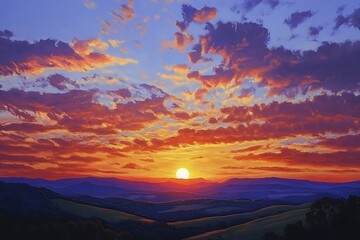 A vibrant sunset over rolling hills and mountains, showcasing nature's beauty.