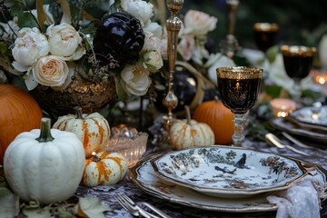 Experience an elegant fall table setting featuring pumpkins, stunning floral arrangements, and intricate details that create a warm, inviting atmosphere perfect for gatherings.