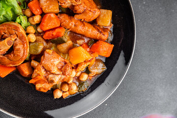 Ragout meat, sausages, vegetables stew dish fresh tasty food delicious gourmet food background on...