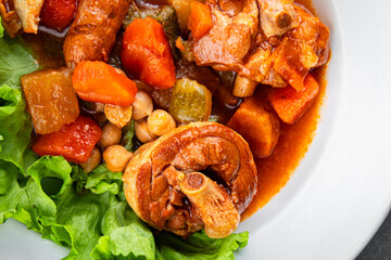 Ragout meat, sausages, vegetables stew dish fresh tasty food delicious gourmet food background on...