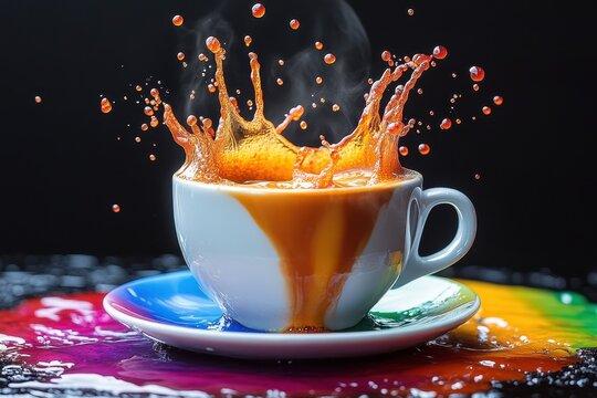 Coffee cup splashes vibrant colors while hot liquid cascades in an artistic display