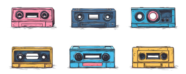 Flat linear audio cassette icons set - retro tape collection in vector style.