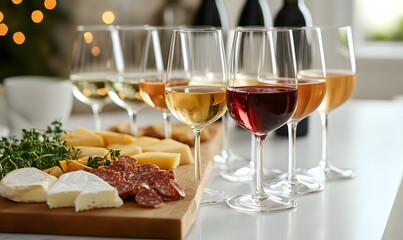 Elegant wine tasting featuring various wines and a gourmet cheese board