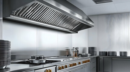Large Modern Restaurant Kitchen Interior With Stainless Steel Appliances And Stacked Plates Ready For Service