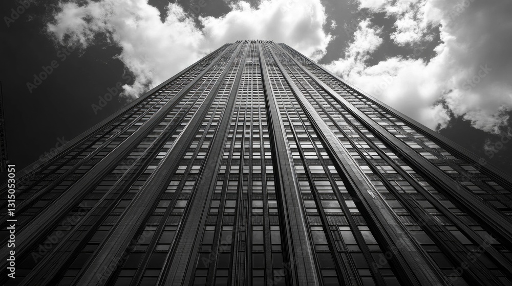 Poster a towering skyscraper reaches skyward, its symmetrical windows reflecting the billowing clouds above