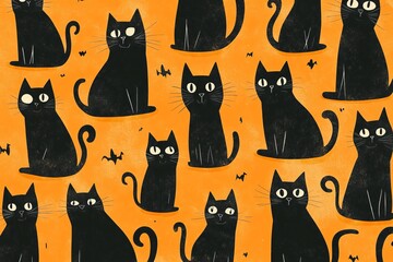 This whimsical illustration features a lively pattern of black cats against an orange background, perfect for Halloween designs or playful decorations.