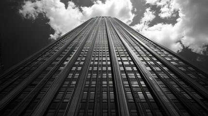 Fototapeta premium A towering skyscraper reaches skyward, its symmetrical windows reflecting the billowing clouds above. The sleek lines and minimalist design showcase urban elegance in monochrome