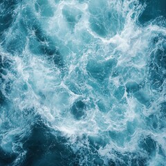 Fototapeta premium Aerial View of Azure Ocean Water with White Foam Texture Rolling Waves and Sea Surface Abstract Background