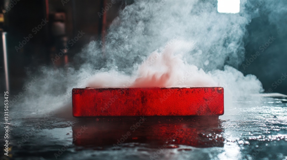 Poster Red hot metal billets submerged in water create clouds of steam in a dynamic tempering process during an energetic workshop atmosphere