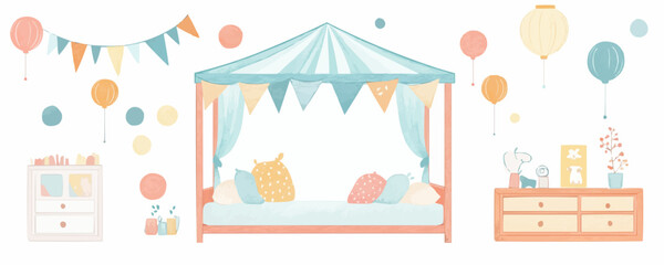 Flat linear icons set of cozy child's bedroom with fun decor elements.