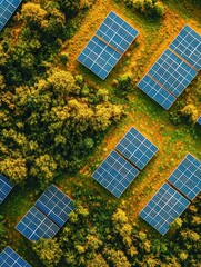 Aerial View of Solar Panel Array Amidst Lush Greenery and Golden Fields Renewable Energy Concept