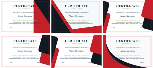 Six red-black excellence certificates, printable design, award template