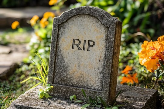 A weathered stone grave marker inscribed with RIP, surrounded by vibrant flowers. The scene evokes feelings of remembrance and tranquility in a peaceful cemetery setting.