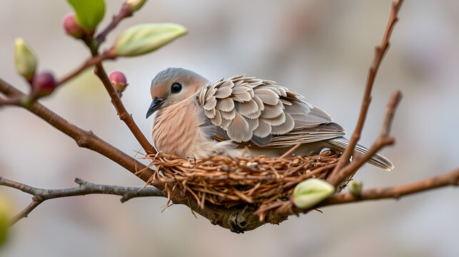 A turtledove nestling on an almond branch with its downy feathers ruffled in a gentle pose, soft focus, serene, wildlife