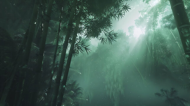 A dense bamboo forest with tall stalks, soft light filtering through, and a serene atmosphere in