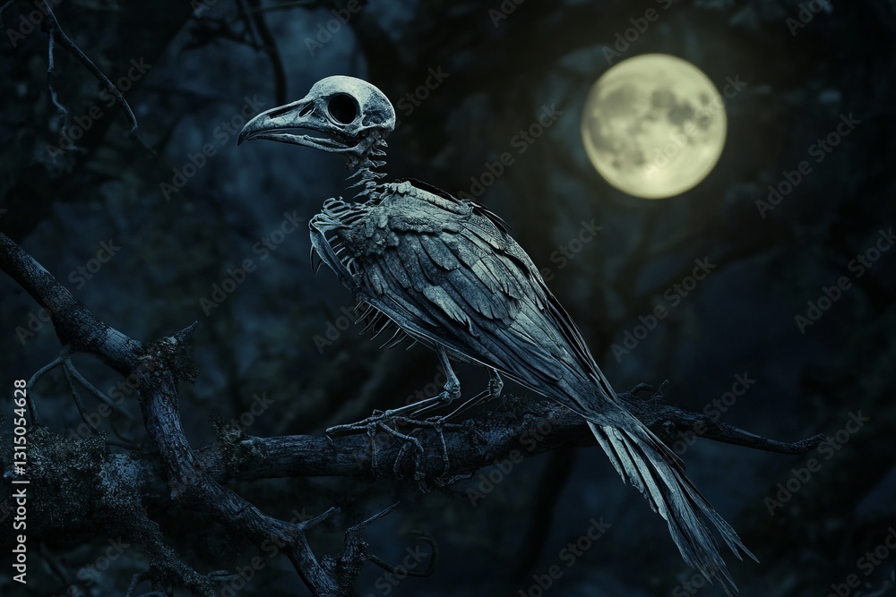 Poster a haunting skeleton of a bird rests on a dark tree branch, illuminated by the eerie glow of a full m