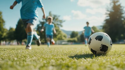 Obraz premium People playing soccer game in field.