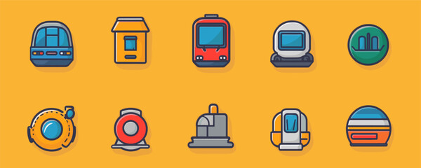 Flat transport icons set in linear style featuring various modes of public transit vehicles.